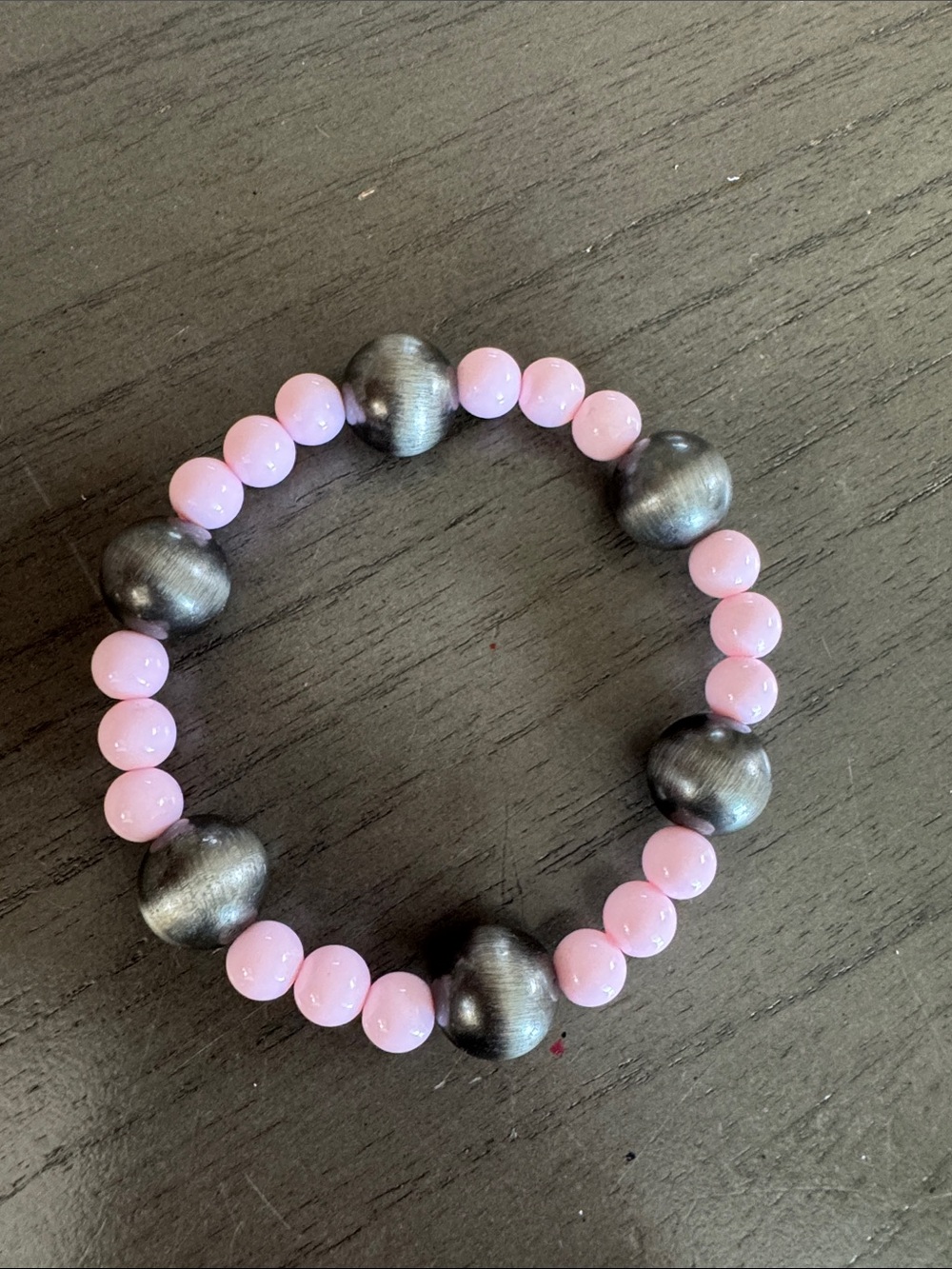 Handmade Pink and Gunmetal Beaded Stretch Bracelet